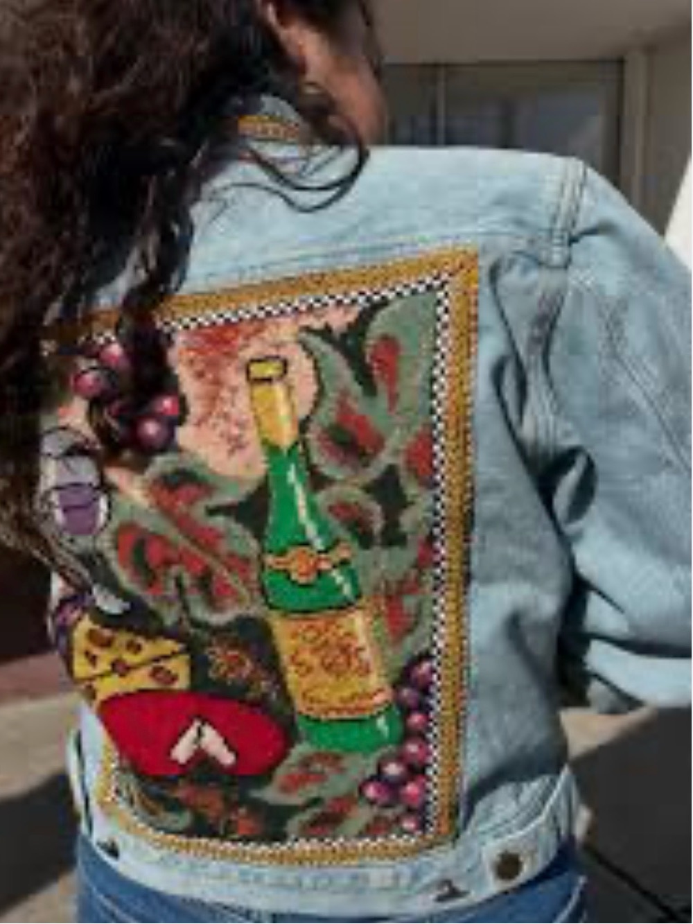 Vintage Kolorway Light Wash Denim Jacket Women Large Wine Cheese Patch Trucker